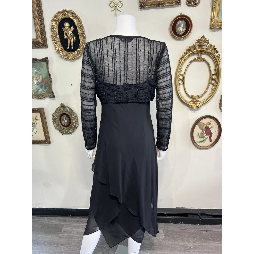 Eva Blue Vintage Black Sequin Sheer Bolero Shrug Layered Midi Dress Set Size 12